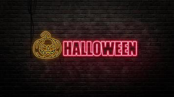 halloween sign emblem in neon style on brick wall background photo