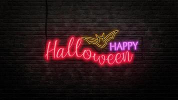 halloween sign emblem in neon style on brick wall background photo