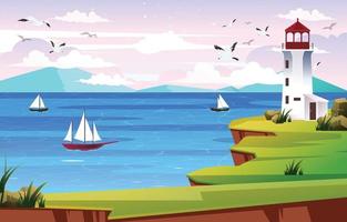 Coastal Beach with Boat and Lighthouse Scenery vector
