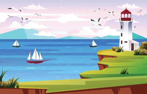 Coastal Beach with Boat and Lighthouse Scenery