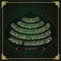 Gold Arabic calligraphy lettering Al Fusilat 41-30 mean explained in detail with border and green pattern background vector