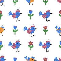 Seamless pattern of cute cartoon birds and flowers. vector