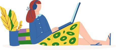 A woman sits at home at her laptop. Learning and working online from home. Playing a computer video game. Communication over the Internet. vector