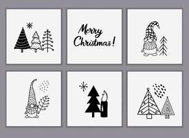 Set of Christmas greeting cards made of hand-drawn doodle elements. Christmas trees, cute gnomes in Scandinavian style. Vector templates for posters or invitations