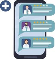 Choosing a doctor through a mobile app. Online medical consultation and diagnosis. Rating of doctors with description of services and reviews. Search for a specialist for medical care vector