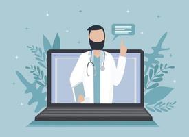A doctor with a stethoscope on a laptop screen talks to a patient online. Medical consultations, exams, treatment, services, health care, conference online. for clinic website, app vector