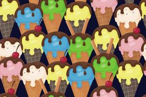 Seamless vector pattern of Ice Cream. Balls of different colors of melting ice cream in a waffle cone. Dark chocolate, straws, cherries, cookies and sweet sprinkles. Favorite delicious dessert