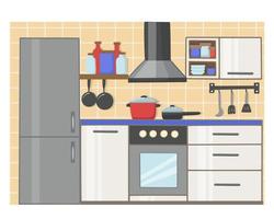 AdKitchen interior with modern furniture and appliances. Flat style refrigerator, stove and hood. Cookware and kitchen utensils. vector
