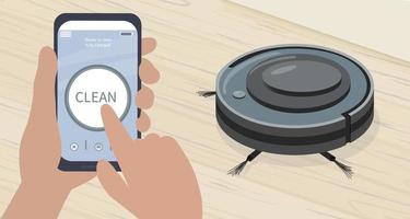 A smartphone app to control the robot vacuum cleaner. Modern smart home appliances for cleaning apartments. Smart appliances. washes and cleans the wood floor from debris and dirt