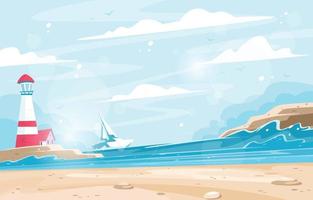 Coastal Sea Scenery with a Ship and a Light House vector