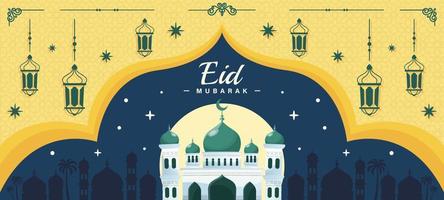 feliz fondo de banner de eid mubarak con mezquita y linternas vector