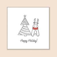 Greeting template with cute reindeer and stylized Christmas tree vector