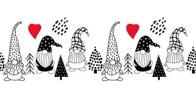 Seamless horizontal pattern with cute hand drawn gnomes and Christmas trees. A Scandinavian style vector background of doodle elements