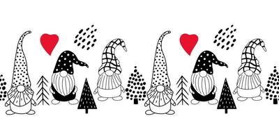 Seamless horizontal pattern with cute hand drawn gnomes and Christmas trees. A Scandinavian style vector background of doodle elements