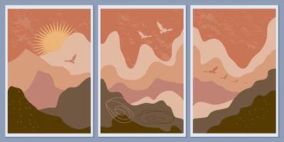 Abstract mountain monochrome landscapes. Wall art, minimalism. Sunset and flying birds. Terracotta and earth colors. Boho style nature. Modern vector banners for posters and postcards