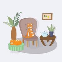 Cozy interior of the living room in the house. Cat sitting on an armchair, another sleeping on a soft pouffe. Apartment decorated in Scandinavian style hygge. Plants in pots. Favorite pets vector
