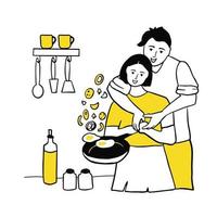 Young couple cooking together in the kitchen. Man frying eggs for breakfast or dinner. Love and relationships, working together around the house. vector