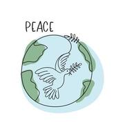 paloma voladora con una rama. paloma de la paz en el fondo del planeta tierra. boceto de línea dibujado a mano. pájaro símbolo de esperanza, emblema contra la violencia y los conflictos militares