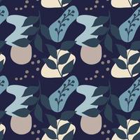 Seamless creative pattern of hand-drawn abstract elements. Branches with leaves and flowing geometric shapes vector