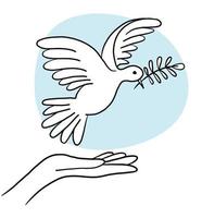 Hands release a flying pigeon with a branch . Dove of peace on a background of blue sky. Hand drawn line sketch. Bird symbol of hope, emblem against violence and military conflicts vector