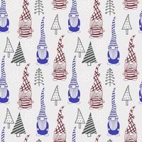 Seamless pattern with a cute hand drawn gnome and a Christmas tree. Scandinavian style vector background of doodle elements