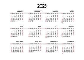 plantilla de calendario para el año 2023. el comienzo de la semana es el domingo. resaltar las vacaciones deseadas en rojo vector