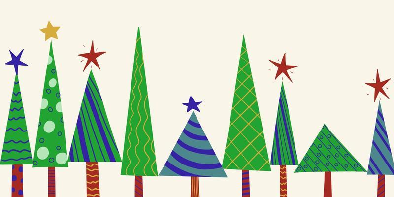 Seamless horizontal New Year pattern of stylized decorated Christmas trees.