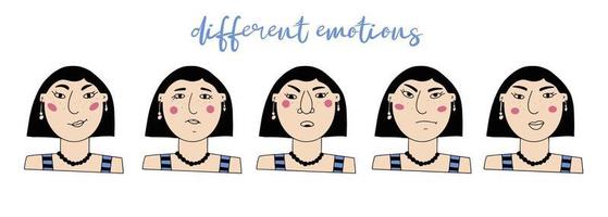 conjunto vectorial de retratos femeninos. personaje minimalista divertido de dibujos animados con diferentes emociones y estados de ánimo. miedo, tristeza, alegría, sorpresa. avatar para redes sociales vector