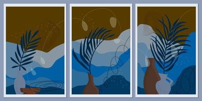 Abstract mountain monochrome landscapes. Wall art, minimalism. Leaves of palm trees in vases. Lines and dots symbolize movement. Blue colors of the earth. Boho style nature. Modern vector banners