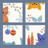 Set of Christmas and New Year cards with kitty and holiday elements and symbols vector