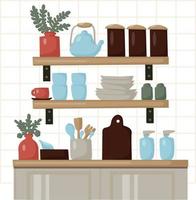 estantes de cocina con utensilios y varias decoraciones. conveniencia y disposición de artículos para cocinar vector