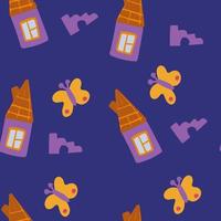 Abstract seamless pattern. hand-drawn wooden little houses and butterflies. Simple shapes vector