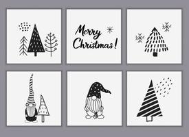 Set of Christmas greeting cards made of hand-drawn doodle elements. Christmas trees, cute gnomes in Scandinavian style. Vector templates for posters or invitations