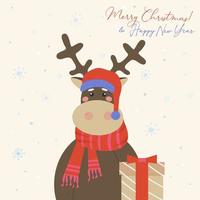 Merry Christmas greeting card. Cute reindeer in a red crocheted scarf and Santa Claus hat brought a gift vector