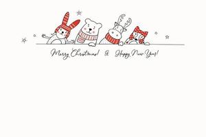 Christmas greeting card with stylized animals in winter clothes. Hand drawn vector