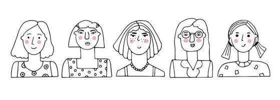 Vector set of portraits of people. Cartoon funny minimalistic female characters of different ages. Drawings of women's faces with various emotions and moods. Avatar for social networks