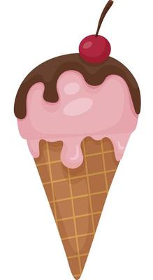 Ice cream flat vector illustration in cartoon style. Pink ball of melting ice cream in a waffle cone. Dark chocolate and ripe cherry on top. A favorite tasty dessert