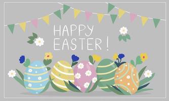 Easter greeting card and banner template. Set of painted eggs in grass and flowers. vector