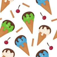 Seamless vector pattern of Ice Cream. Balls of different colors of melting ice cream in a waffle cone. Dark chocolate, straws, cherries, cookies and sweet sprinkles. Favorite delicious dessert