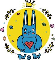 A greeting card. Cute character blue hare with heart in hand and handmade crown. Fantasy animal. vector