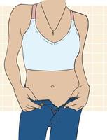 Silhouette of a perfect female body. Sports figure. Close-up of torso, arms, chest, waist and hips. Short tank top and unbuttoned jeans. Motivation for proper lifestyle. vector
