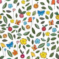 patrón botánico de verano sin costuras. flores, hojas, manzanas estilizadas y mariposas. tema de la ecología, el medio ambiente, la conservación de la naturaleza vector