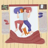 linda pareja durmiendo en la cama. cónyuges jóvenes. hombre y mujer acostados en la cama uno cerca del otro con un gato. dormitorio acogedor. concepto de familia y amor mutuo vector