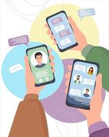 Hands with smartphones. People communicate in social networks and messengers, chat, text online, use video calls. Mobile applications and Internet technology. vector