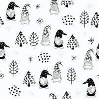 Seamless pattern with a cute hand drawn gnome and a Christmas tree. vector