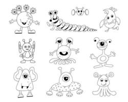 Set of alien cute monsters. Children's coloring book. Linear hand drawing vector