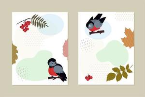 Set of cards, invitations. Birds bluebirds, mountain ash. A bunch of red berries. Stylized leaves of various trees. Abstract geometric shapes. Nature vector background. Ecology