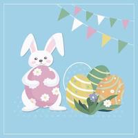 tarjeta de pascua con un conejo lindo conejito prepara regalos navideños en forma de huevos de colores. cáscaras de huevo de colores. símbolos de la gran fiesta de pascua. vector