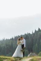 sesión de fotos de una pareja enamorada en las montañas. la niña está vestida como una novia con un vestido de novia.