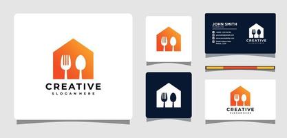 plantilla de logotipo de casa con cuchara y tenedor con inspiración para el diseño de tarjetas de visita vector